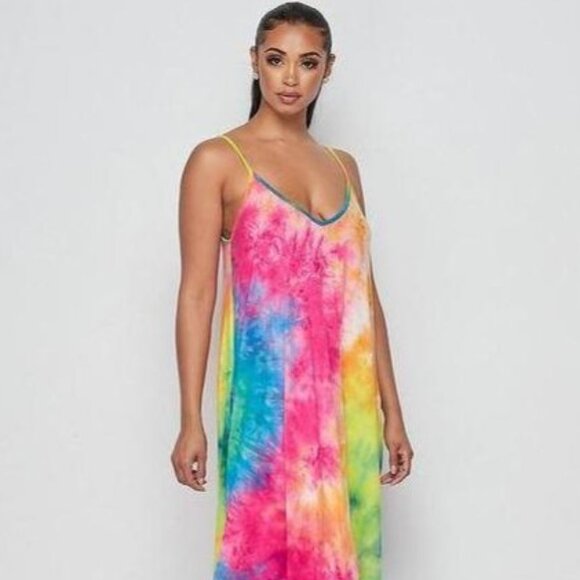 Women's Smokey Rainbow Tie-Dye Print Shirt Maxi Dress - Picture 3 of 3